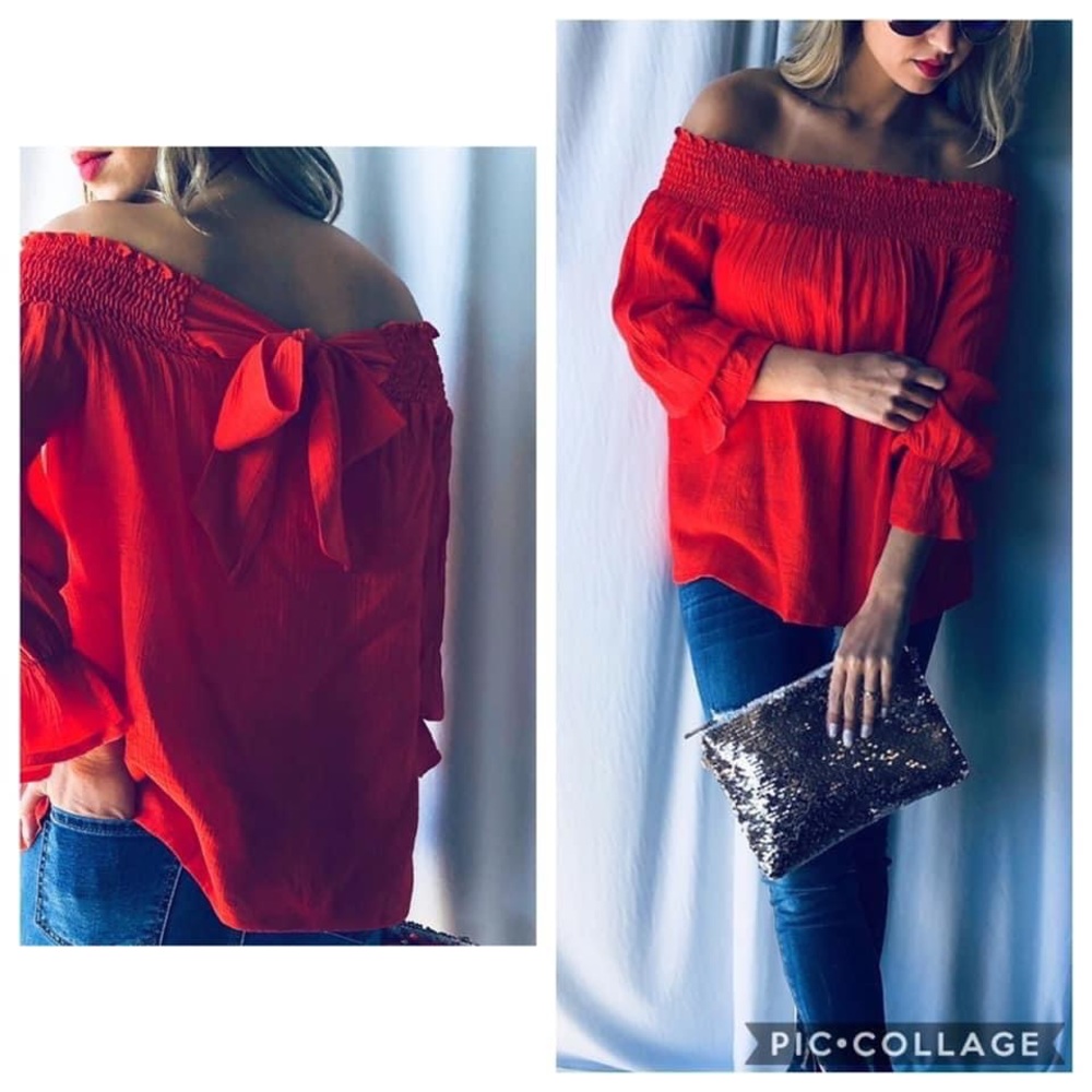 Red off the shapelier gauze bow tie top